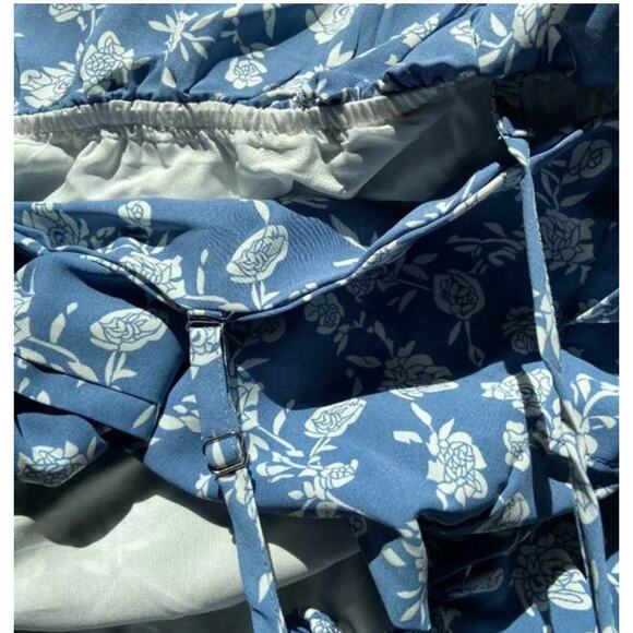 NWT Blue White Floral Spaghetti Strap Flowy Wide Leg Pantsuit Jumper Jumpsuit XL - Picture 9 of 16